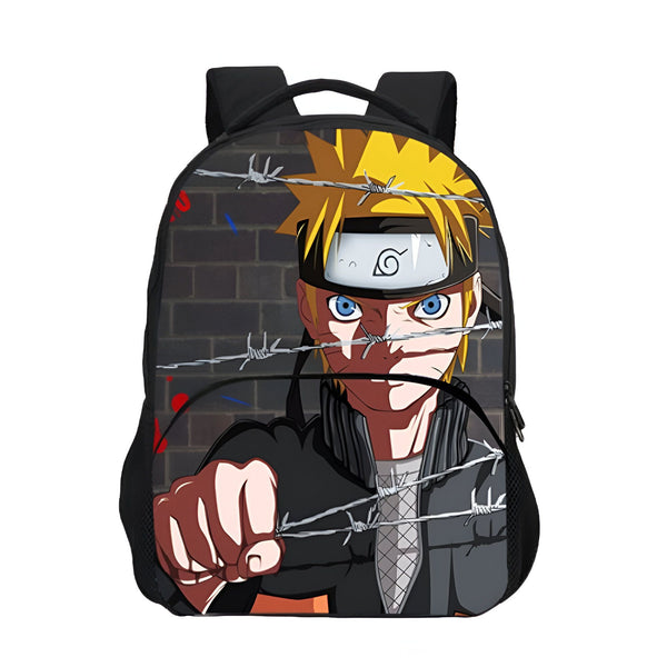 Sac à dos Naruto avec l'image de Naruto Uzumaki, un personnage de l'anime Naruto, avec des barbelés en arrière-plan.