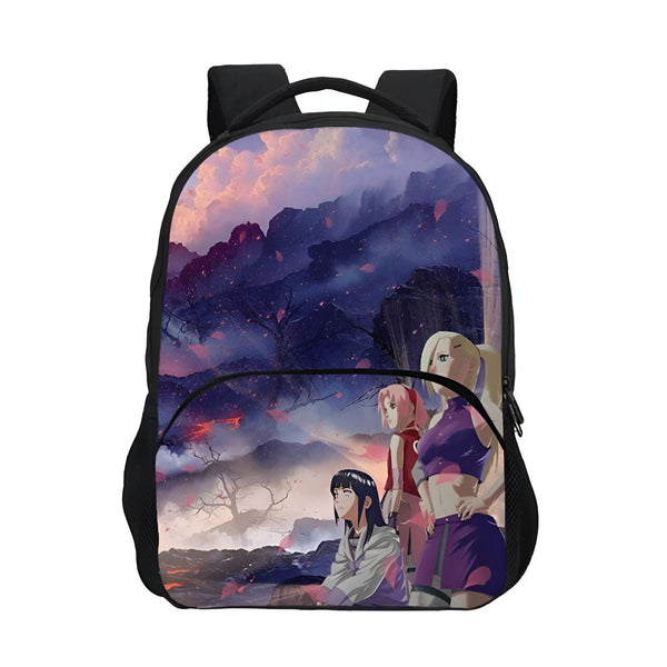Sac à dos Naruto avec un motif de paysage de montagne et les personnages de Sakura, Hinata et Ino.  Parfait pour les fans de Naruto.