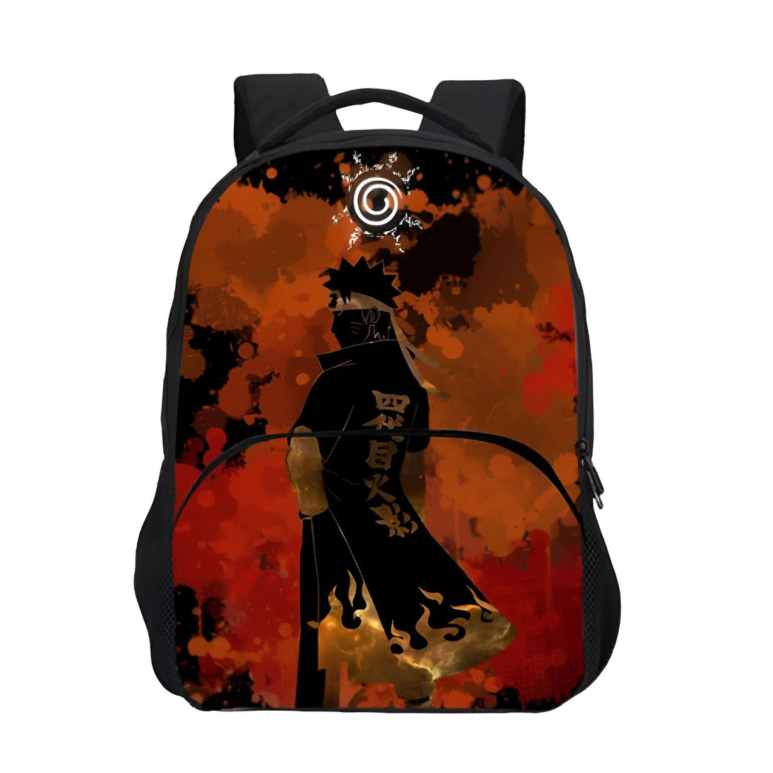 Sac à dos Naruto avec un design de fond orange et rouge avec un personnage de manga en silhouette noire.