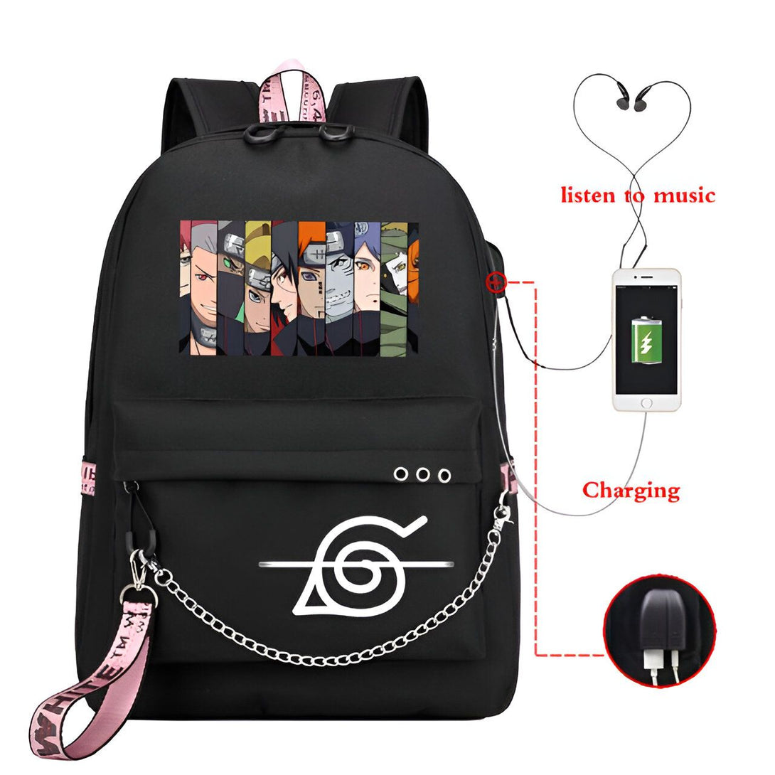 Sac à dos Naruto noir avec un motif des personnages principaux de l'anime et le logo de Konoha sur le devant. Le sac à dos dispose également d'une fonction de chargement USB et d'un port pour écouteurs.
