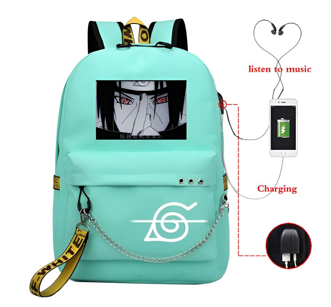 Sac à dos vert avec un personnage Naruto imprimé dessus, avec un logo de feuille, une chaîne argentée et une prise USB. 
Le sac à dos peut être utilisé pour écouter de la musique et charger votre téléphone. 
C'est un cadeau parfait pour les fans de Naruto.