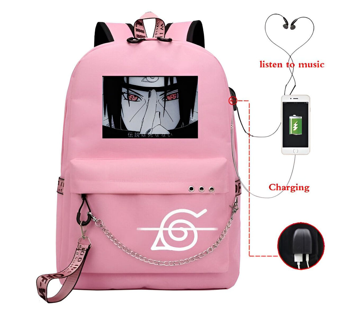 Sac à dos rose avec l'image d'Itachi Uchiha de Naruto, avec le symbole de l'Akatsuki, une chaîne de sac à main, un port de charge USB et une prise casque.
