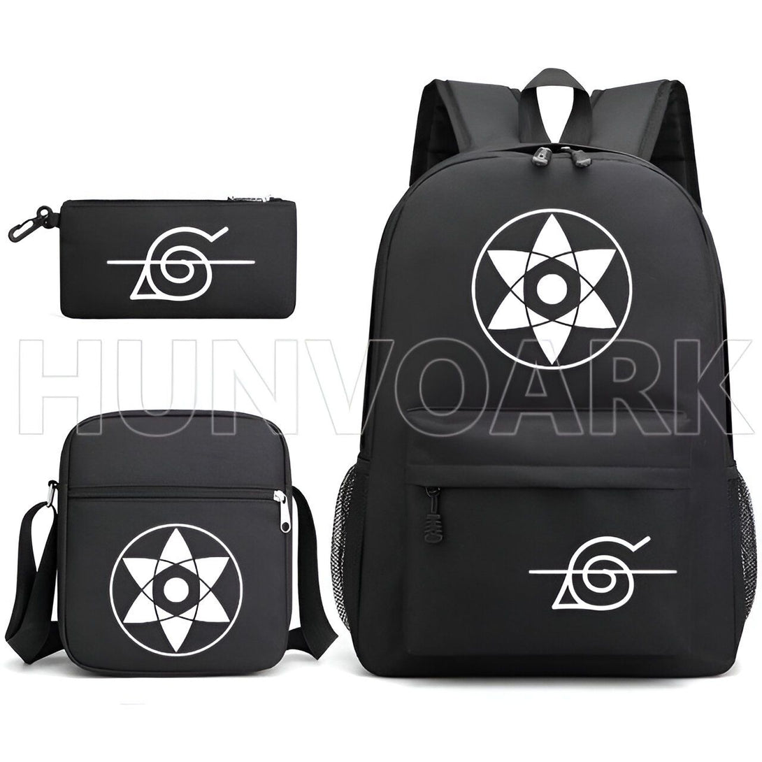 Ensemble de trois sacs à dos Naruto avec le symbole du village de Konoha et l'emblème de l'Akatsuki. Idéal pour les fans de l'anime Naruto.