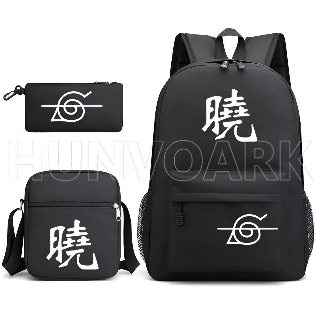 Ensemble de sacs à dos et trousses Naruto avec le logo du village de Konoha et le kanji "Pain". Parfait pour les fans de Naruto.