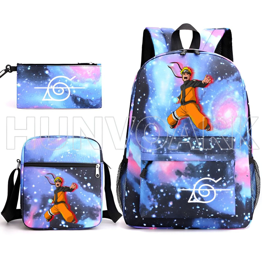 Ensemble de trois sacs à dos et trousses d'école Naruto avec un motif galaxie et le symbole du village de Konoha. Le sac à dos est grand et idéal pour les étudiants, tandis que la petite trousse est parfaite pour les fournitures scolaires ou les accessoires.
