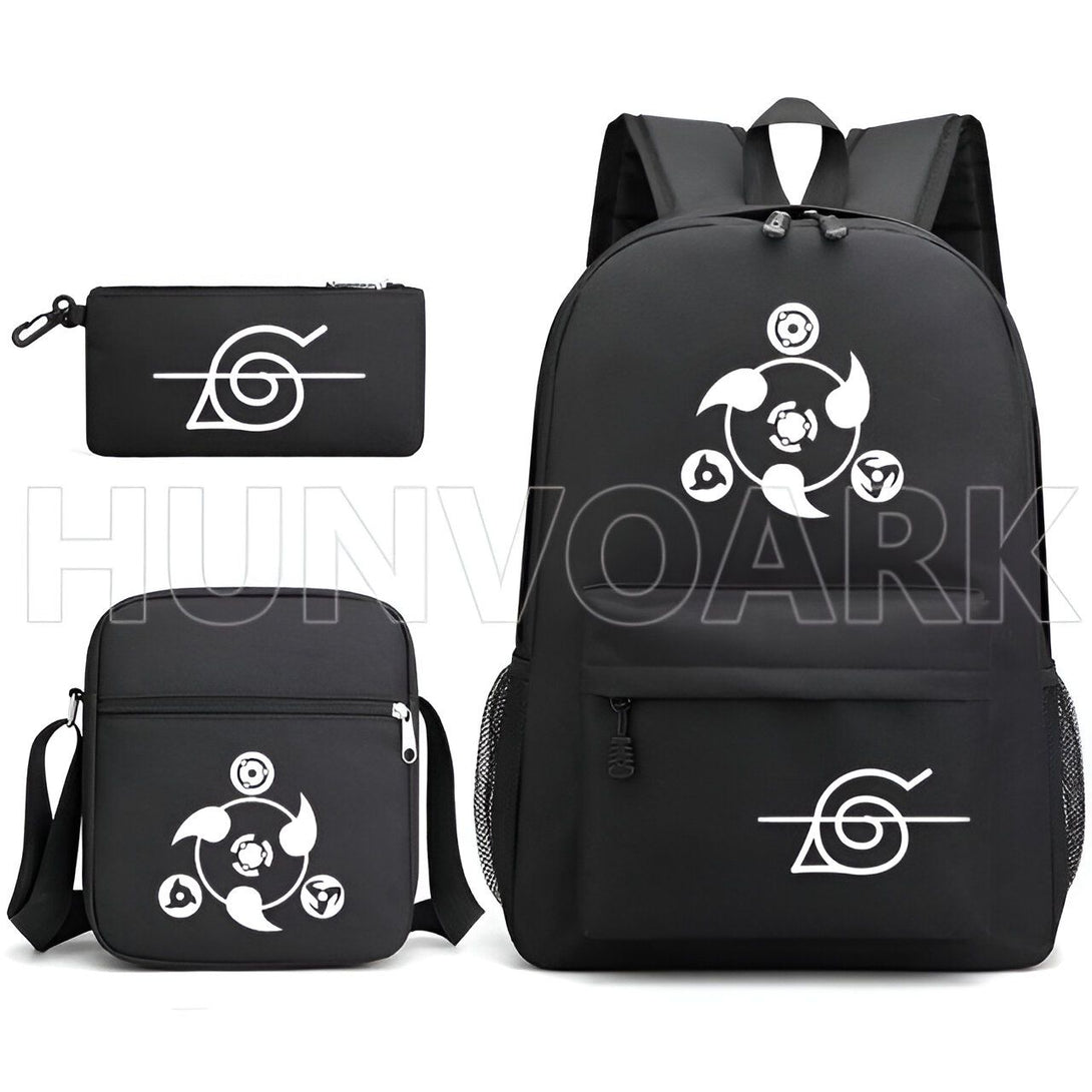 Ensemble de sacs à dos et d'une trousse à crayons Naruto avec les emblèmes du Sharingan et de l'Akatsuki.