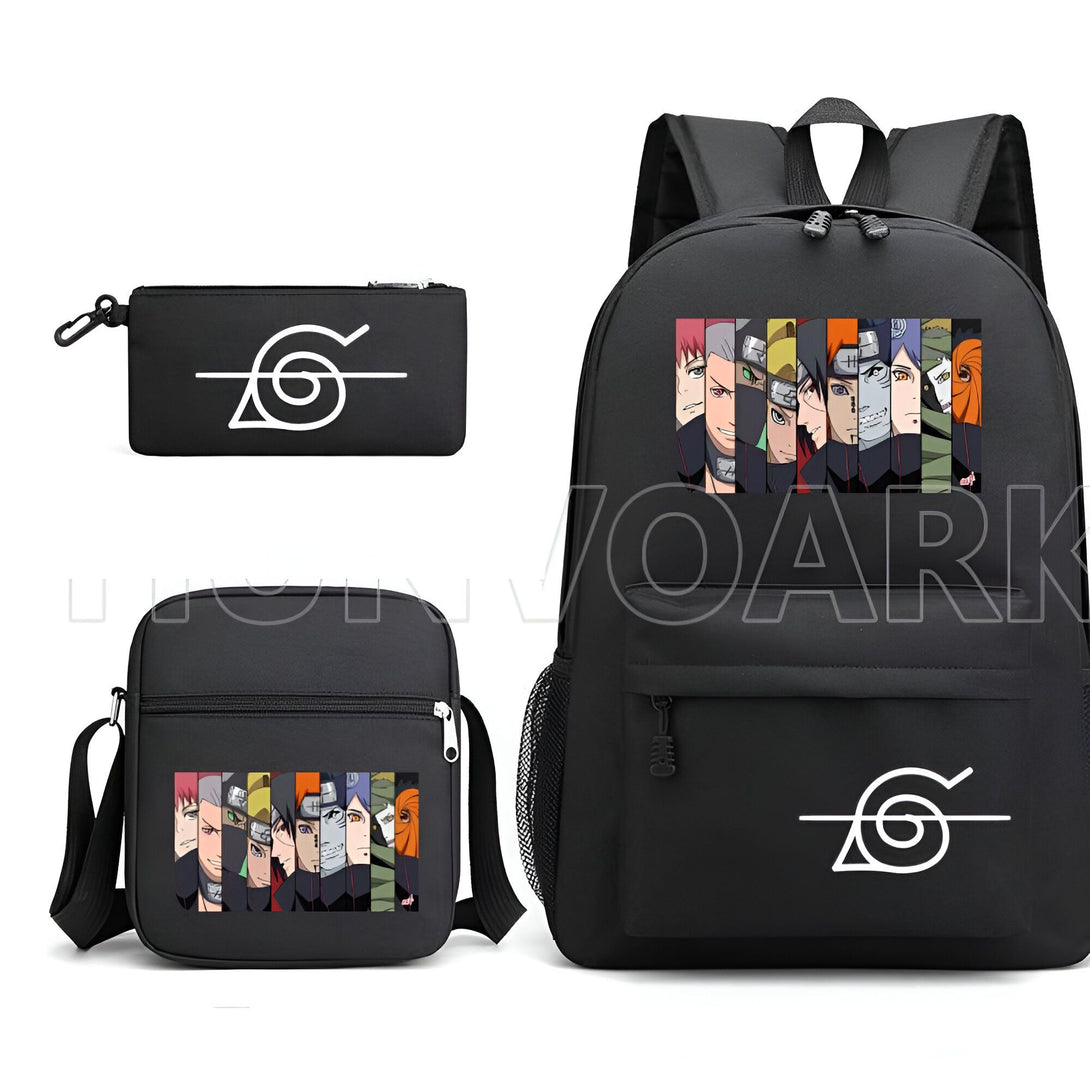 Ensemble de trois sacs à dos et trousse d'école noir avec le symbole du village de Konoha et les personnages de l'équipe Akatsuki de l'anime Naruto.