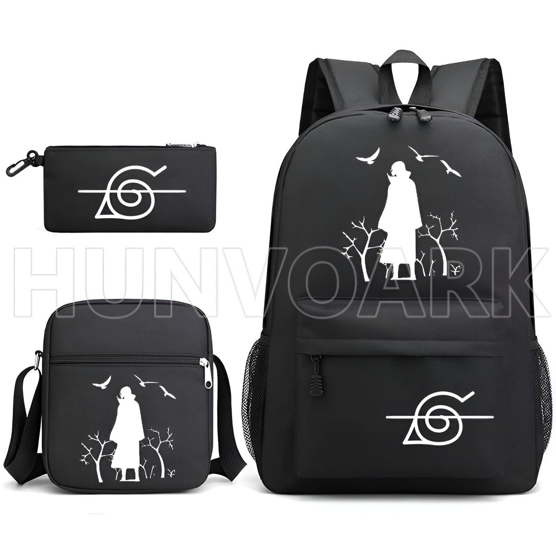 Ensemble de trois sacs à dos Naruto avec le symbole de Konoha, un sac à dos, une sacoche et une trousse à crayons.