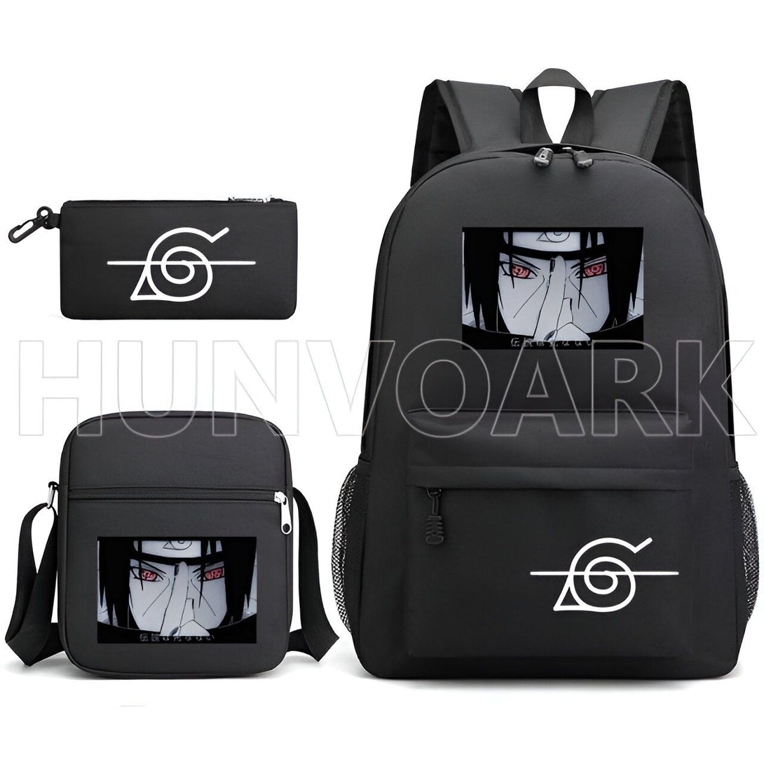 Ensemble de trois sacs à dos Naruto avec le symbole du Sharingan et le logo Akatsuki.  Parfait pour les fans de l'anime !  Le sac à dos, la sacoche et la trousse à crayons sont tous noirs avec un design unique et des détails de haute qualité.