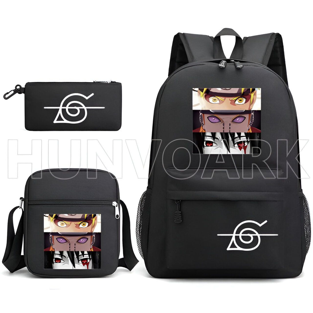 Ensemble de sacs à dos Naruto avec un sac à dos, une sacoche et une trousse à crayons. Chaque sac est orné du logo de Konoha et d'images de personnages Naruto.