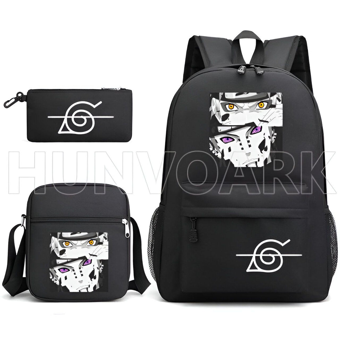 Ensemble de trois sacs à dos Naruto. Le sac à dos principal comporte un design de l'œil de Rinnegan de Pain, le sac à bandoulière a le même design et la petite trousse a le symbole du village de Konoha.