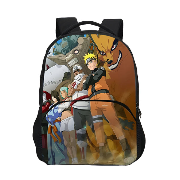 Sac à dos Naruto avec un imprimé de personnages de l'anime, notamment Naruto, Sasuke, Sakura et Kakashi, ainsi que le démon renard à neuf queues, Kurama.