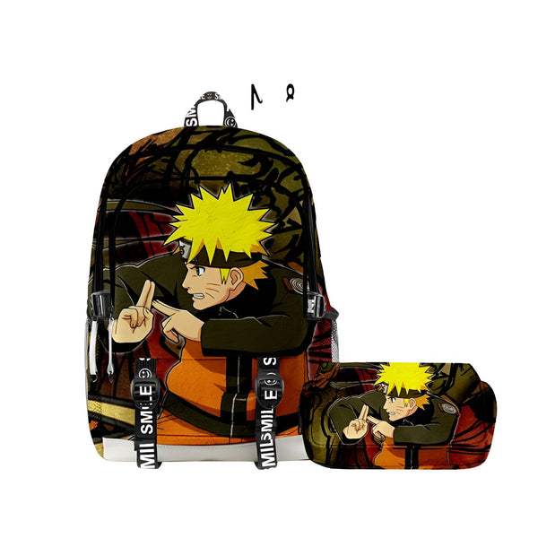 Sac à dos et trousse à crayons Naruto avec l'image de Naruto Uzumaki en train de faire un signe de paix. Le sac à dos est orange et noir avec des détails en jaune. La trousse à crayons est orange, noire et jaune.