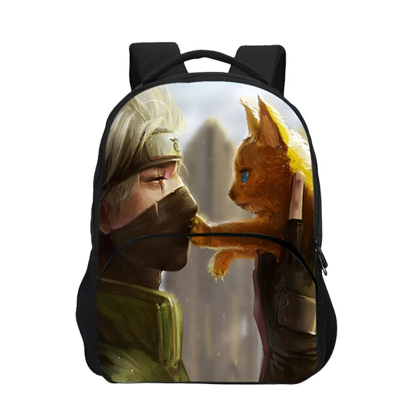 Sac à dos Naruto avec un dessin de Kakashi Hatake et son animal de compagnie, Pakkun, un chien ninja.