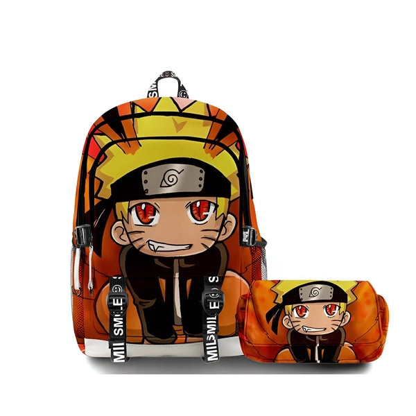 Sac à dos et trousse à crayons Naruto avec l'image de Naruto Uzumaki en version chibi. Le sac à dos est orange et jaune avec des détails noirs et blancs. La trousse est orange et jaune avec des détails noirs.