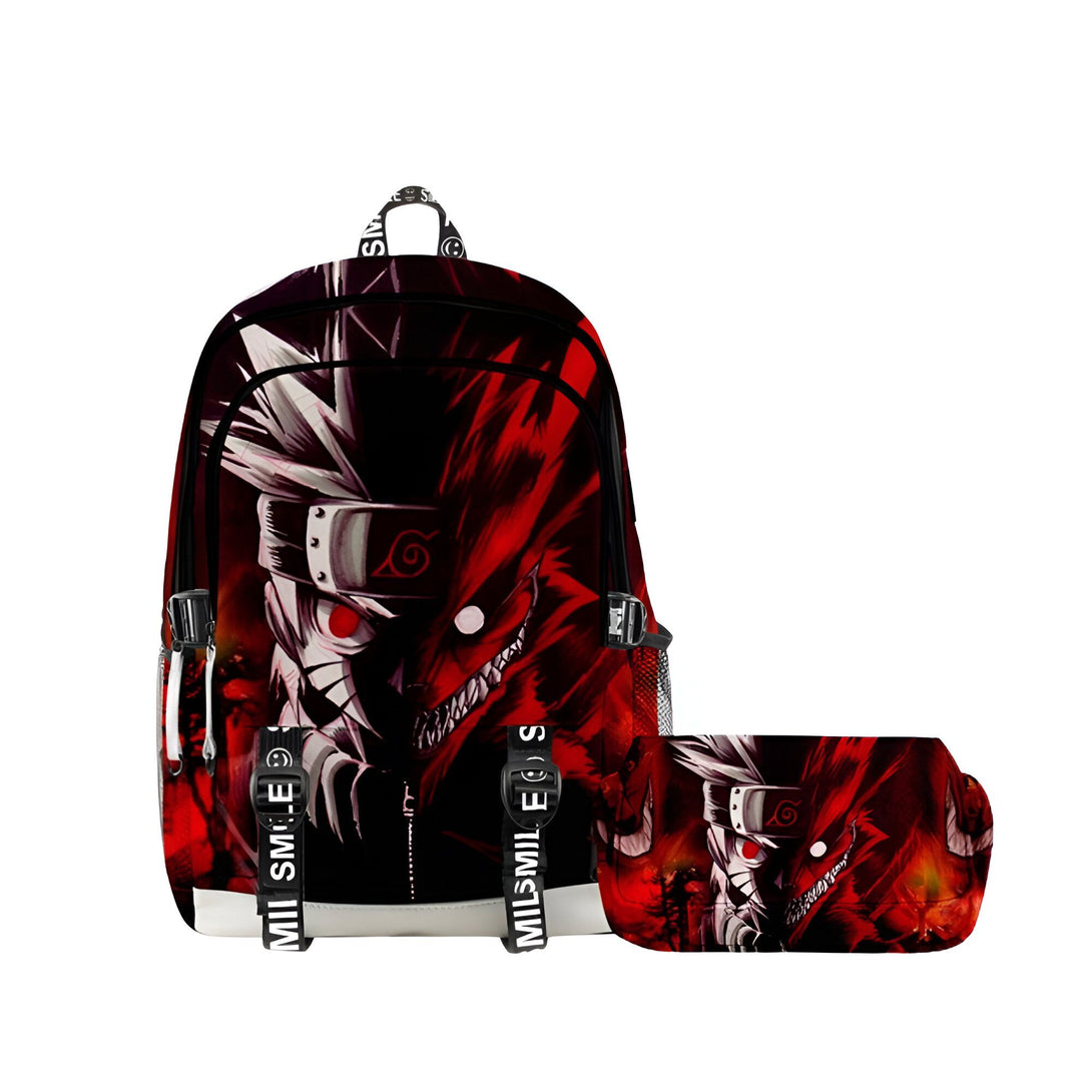 Sac à dos et trousse à crayons Naruto avec l'image de Naruto Uzumaki en mode Kurama. Le sac à dos et la trousse sont noirs avec des accents rouges et blancs. Le sac à dos est orné d'une image de Naruto en mode Kurama et la trousse à crayons contient une image similaire.