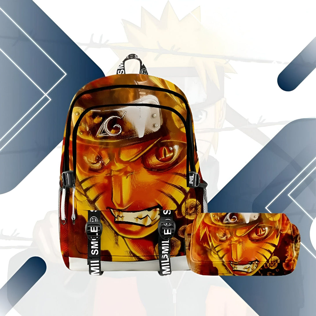 Sac à dos et trousse Naruto avec l'image de Naruto Uzumaki en mode Kyubi. Le sac à dos est noir et jaune avec un motif de feu et le logo de Konoha. La trousse est jaune avec un motif de feu et le logo de Konoha.