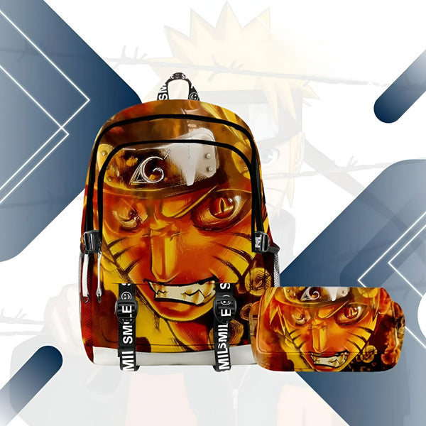 Sac à dos et trousse Naruto avec l'image de Naruto Uzumaki en mode Kyubi. Le sac à dos est noir et jaune avec un motif de feu et le logo de Konoha. La trousse est jaune avec un motif de feu et le logo de Konoha.