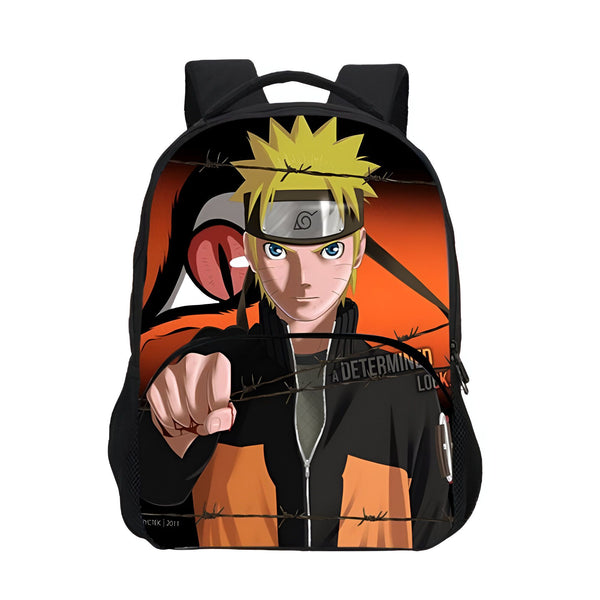 Sac à dos Naruto avec une image de Naruto Uzumaki en avant-plan, tenant une main en avant, et le Kyubi sur le sac en arrière-plan.