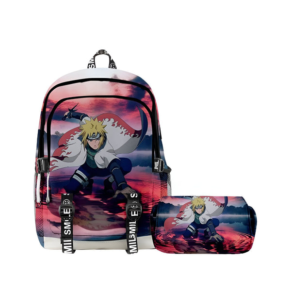 Sac à dos et trousse à crayons Naruto avec l'image de Jiraiya sur fond de coucher de soleil.