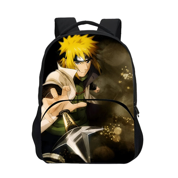 Sac à dos noir avec un imprimé de l'anime Naruto représentant le personnage de Minato Namikaze, le quatrième Hokage, tenant un Kunai.