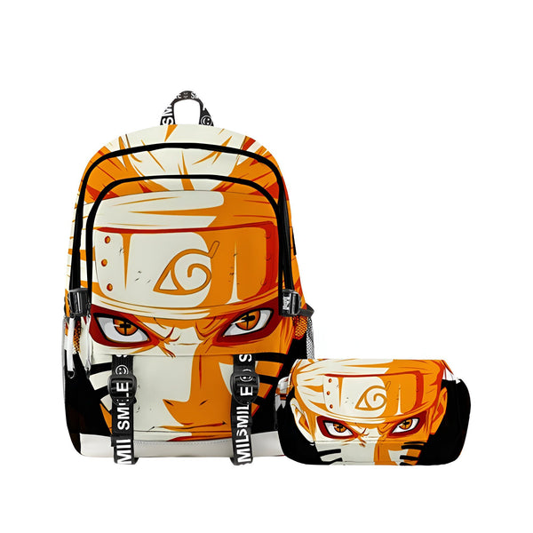 Sac à dos et trousse à crayons Naruto avec un motif de l'image de Naruto Uzumaki. Le sac à dos a un compartiment principal zippé et des bretelles réglables. La trousse à crayons a une fermeture à glissière et est suffisamment grande pour contenir des crayons, des stylos et d'autres fournitures scolaires.