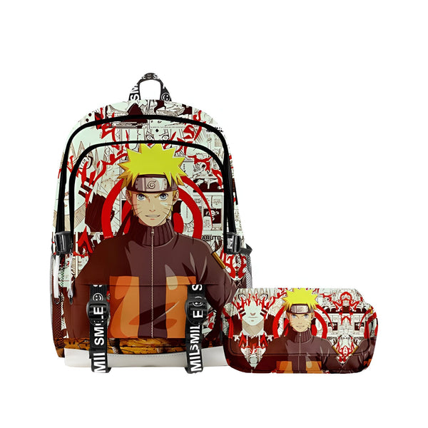 Sac à dos et trousse de maquillage Naruto avec l'image de Naruto Uzumaki sur un fond de pages de manga.