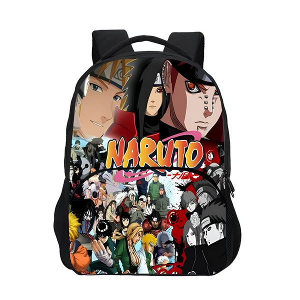 Sac à dos noir avec un motif imprimé de personnages de l'anime Naruto, dont Naruto, Sasuke, Kakashi et d'autres. Le sac à dos porte le logo "Naruto".