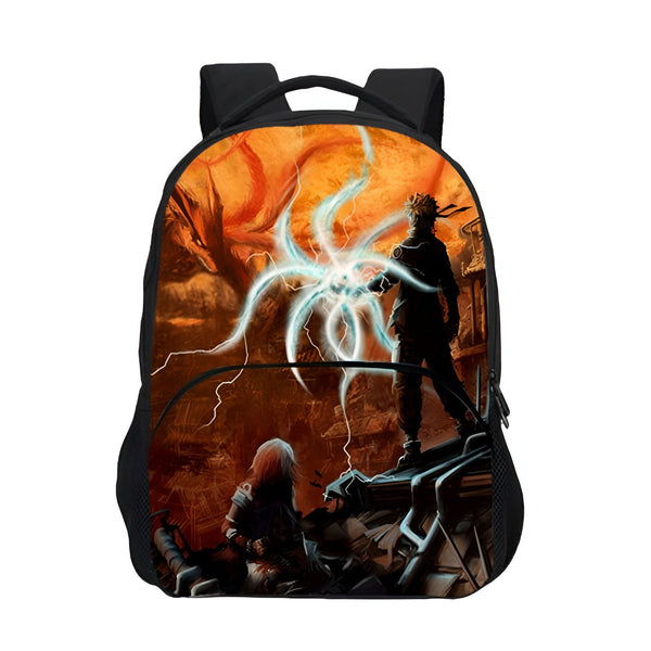 Sac à dos Naruto avec un design représentant Naruto Uzumaki dans une pose puissante, utilisant son chakra Kurama avec un fond orange et un effet de foudre.
