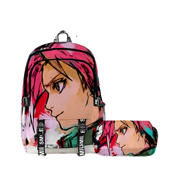 Sac à dos et trousse à crayons Naruto avec un personnage féminin aux cheveux roses et un motif coloré.