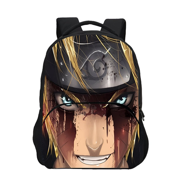 Sac à dos Naruto avec un design de Kakashi Hatake. Il a les cheveux blonds, les yeux bleus et porte le bandeau de Konoha. Le sac est noir et présente des détails sanglants sur le visage de Kakashi.