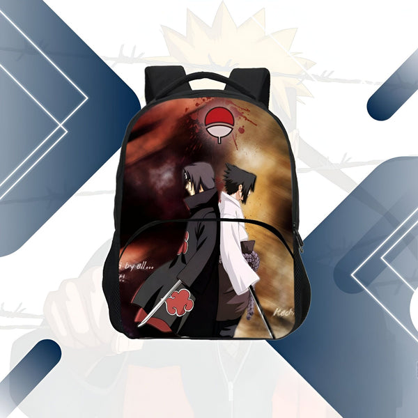 Sac à dos Naruto avec l'image de Sasuke et Itachi Uchiha. Le sac à dos présente le symbole de l'Akatsuki et des détails de l'anime.