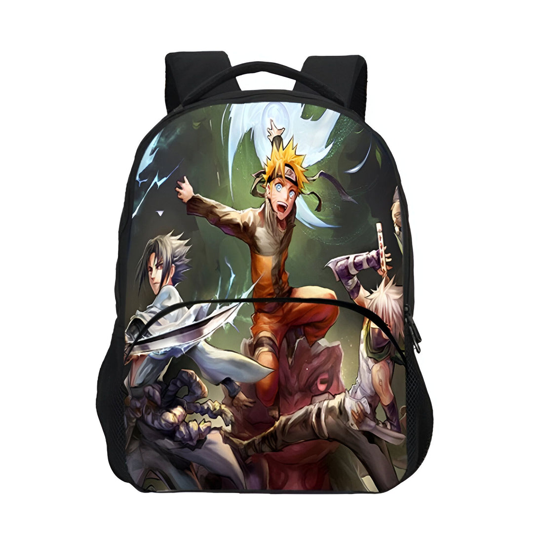 Sac à dos noir avec un imprimé des personnages Naruto, Sasuke et Kakashi dans un style animé.