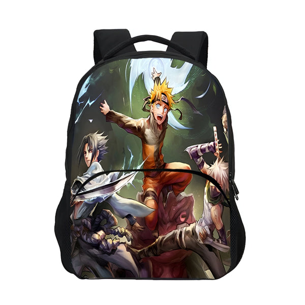 Sac à dos noir avec un imprimé des personnages Naruto, Sasuke et Kakashi dans un style animé.