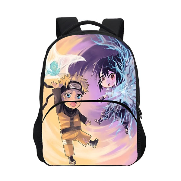 Sac à dos Naruto avec des personnages chibi de Naruto et Sasuke. Le sac à dos est noir avec un motif coloré de Naruto et Sasuke dans un style chibi. Il est idéal pour les fans de Naruto et est parfait pour l'école, le travail ou les voyages.