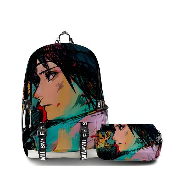Sac à dos et trousse à crayons Naruto avec une illustration de Sasuke Uchiha en style manga. Le sac à dos est noir et blanc avec des accents de couleur. La trousse à crayons est assortie.  Parfait pour les fans de Naruto.