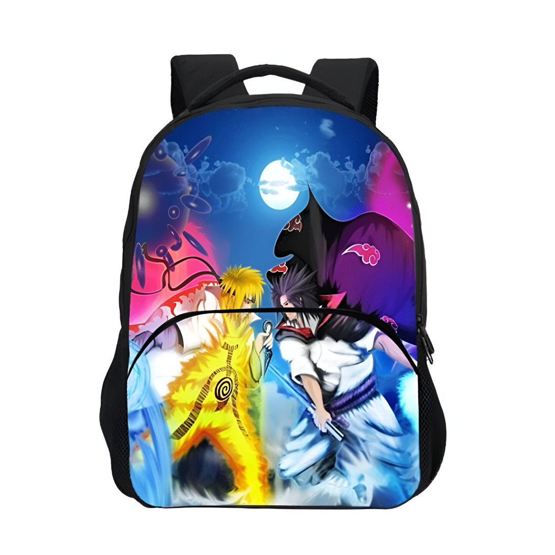 Sac à dos Naruto avec une illustration de Naruto, Sasuke et Kakashi. Le motif représente les trois personnages dans un combat sous la lune. Le sac à dos est parfait pour les fans de l'anime Naruto.