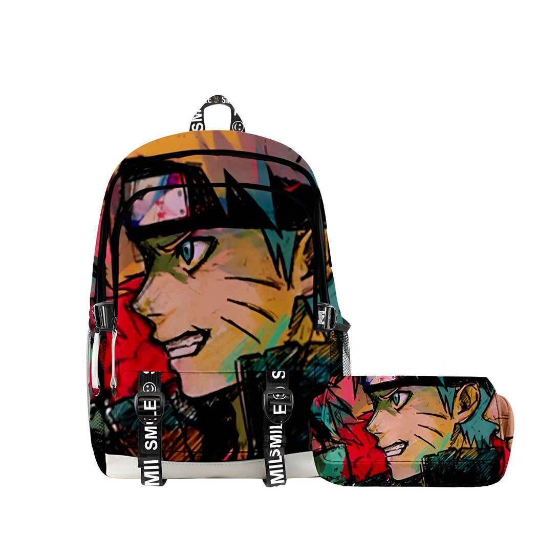 Sac à dos et trousse à crayons Naruto avec un design coloré et stylisé représentant le personnage principal de l'anime.