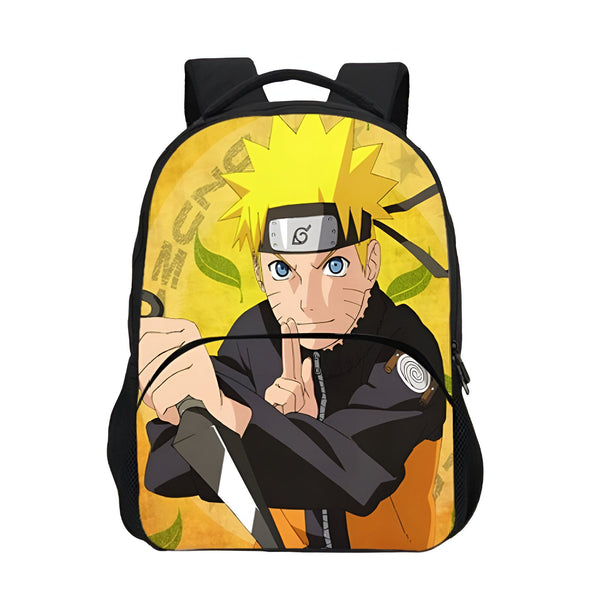 Sac à dos Naruto avec l'image de Naruto Uzumaki tenant un kunai et portant sa tenue emblématique. Le sac à dos est jaune avec des feuilles vertes et le logo de Naruto.