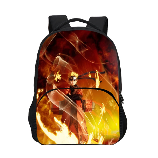 Sac à dos Naruto avec un motif de Naruto Uzumaki dans un fond de feu.  Le sac à dos est noir avec des bretelles noires.