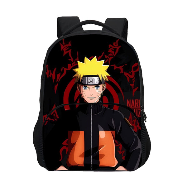 Sac à dos Naruto avec l'image de Naruto Uzumaki sur un fond noir avec le symbole de Konoha.