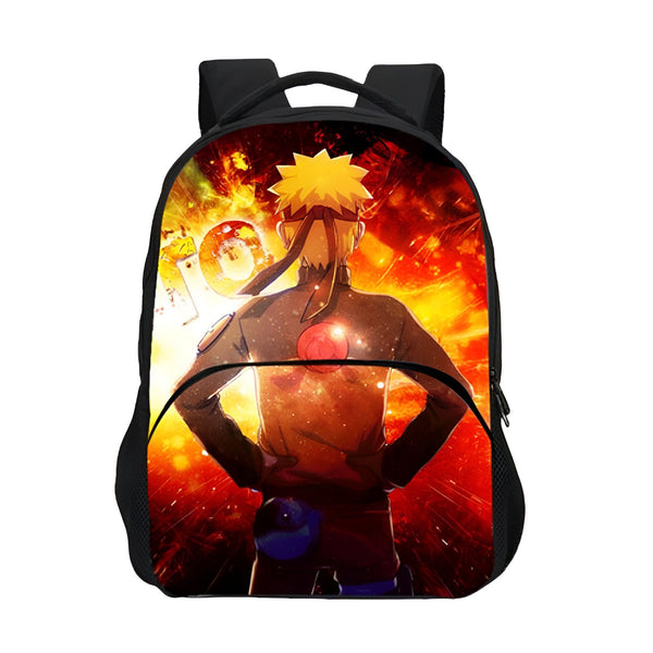 Sac à dos Naruto avec l'image de Naruto Uzumaki debout devant un fond de feu et d'explosion. Il porte son bandeau frontal et sa tenue emblématique.  Parfait pour les fans de Naruto.
