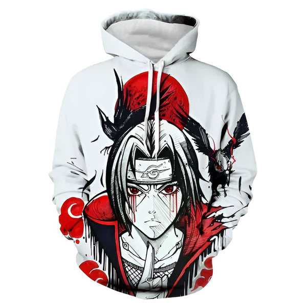 Sweat à capuche blanc avec un motif de l'anime Naruto représentant le personnage de Kakashi Hatake avec ses yeux Sharingan, un corbeau et le symbole du Sharingan sur son front, le tout sur fond rouge.