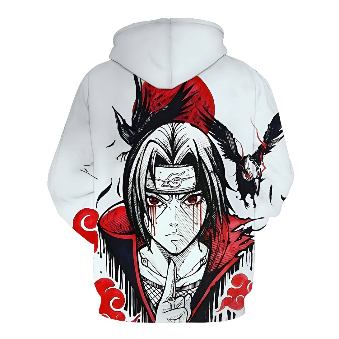 Sweat à capuche blanc avec un dessin de l'anime Naruto représentant le personnage de Itachi Uchiha avec un corbeau derrière lui, portant le bandeau du village de Konoha.