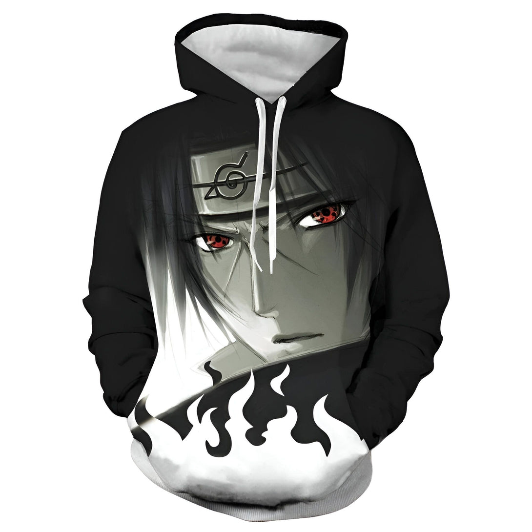 Sweat à capuche noir avec un motif imprimé de Sasuke Uchiha, un personnage de l'anime Naruto, avec ses yeux rouges et le symbole du clan Uchiha.