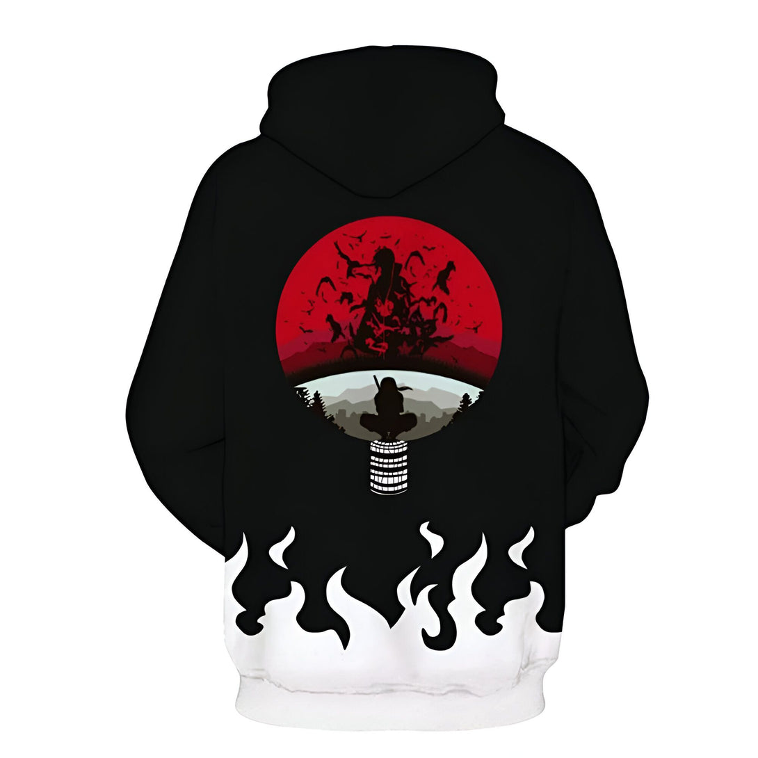 Sweat-shirt à capuche noir avec un imprimé représentant le Sharingan de Kakashi Hatake, avec des flammes blanches en bas.  Le logo de Naruto est représenté en rouge.  Un excellent cadeau pour les fans de Naruto!