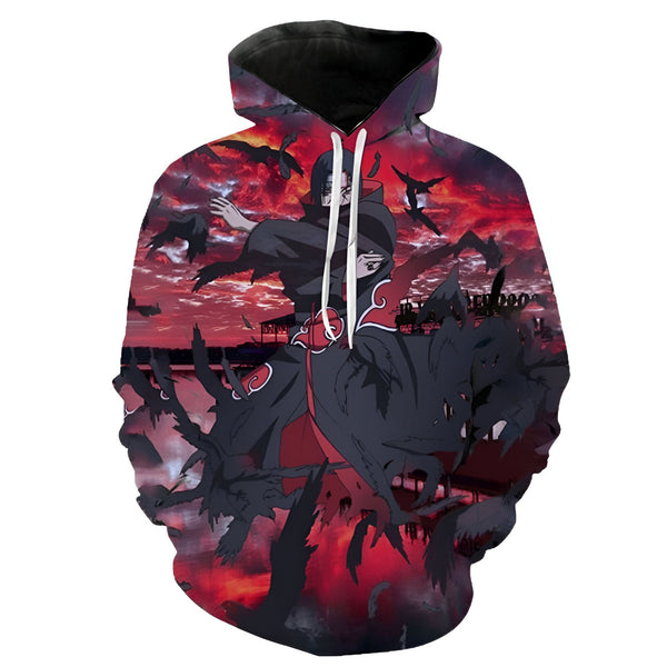 Sweat à capuche Naruto avec un imprimé de Pain sur un fond de coucher de soleil rouge avec des corbeaux noirs.  Un excellent ajout à la garde-robe de tout fan de Naruto !