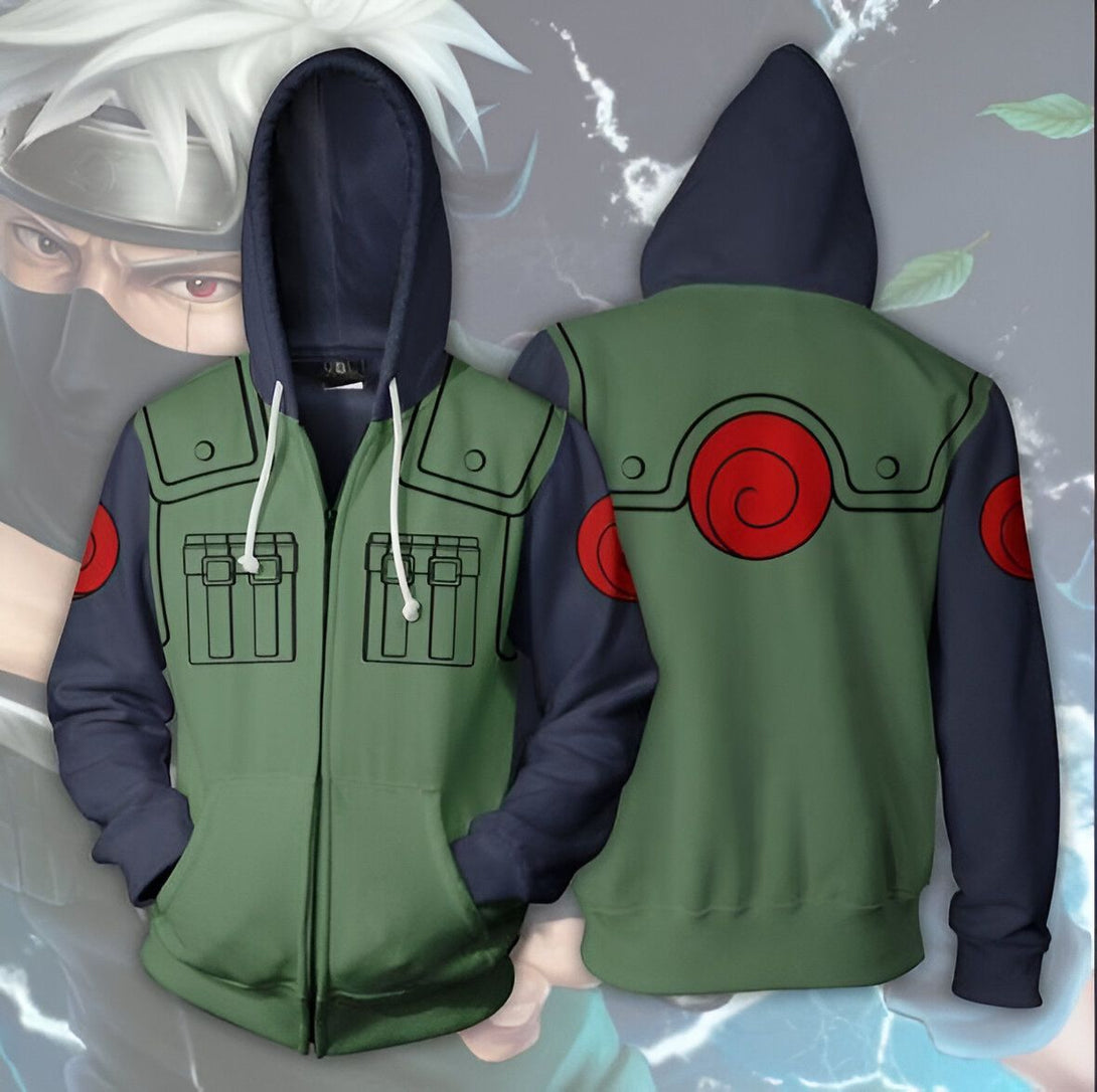 Sweat-shirt à capuche Naruto avec le symbole de Konoha sur le dos et des détails sur le thème du personnage. Un vêtement idéal pour les fans de l'anime.