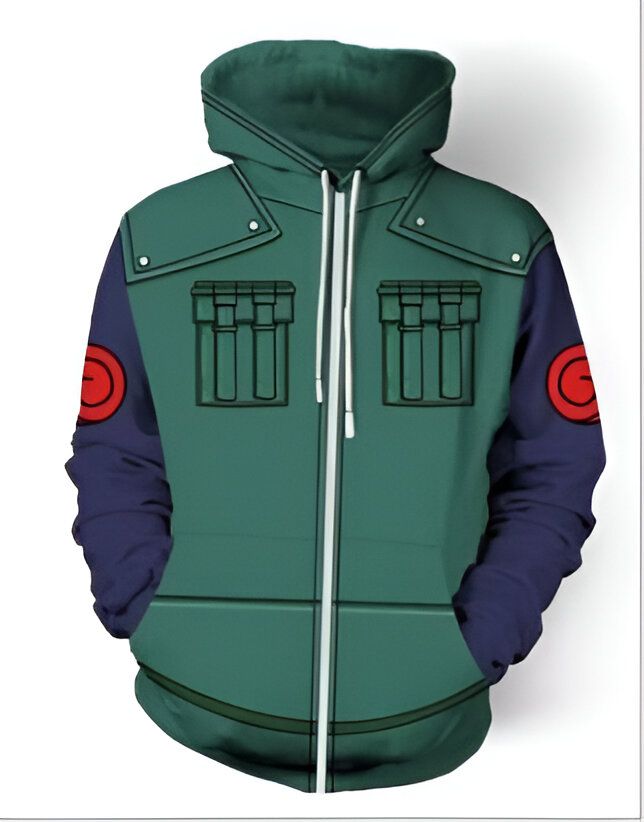 Sweat-shirt à capuche vert avec un motif de l'anime Naruto, comprenant des poches et le logo du village de Konoha.