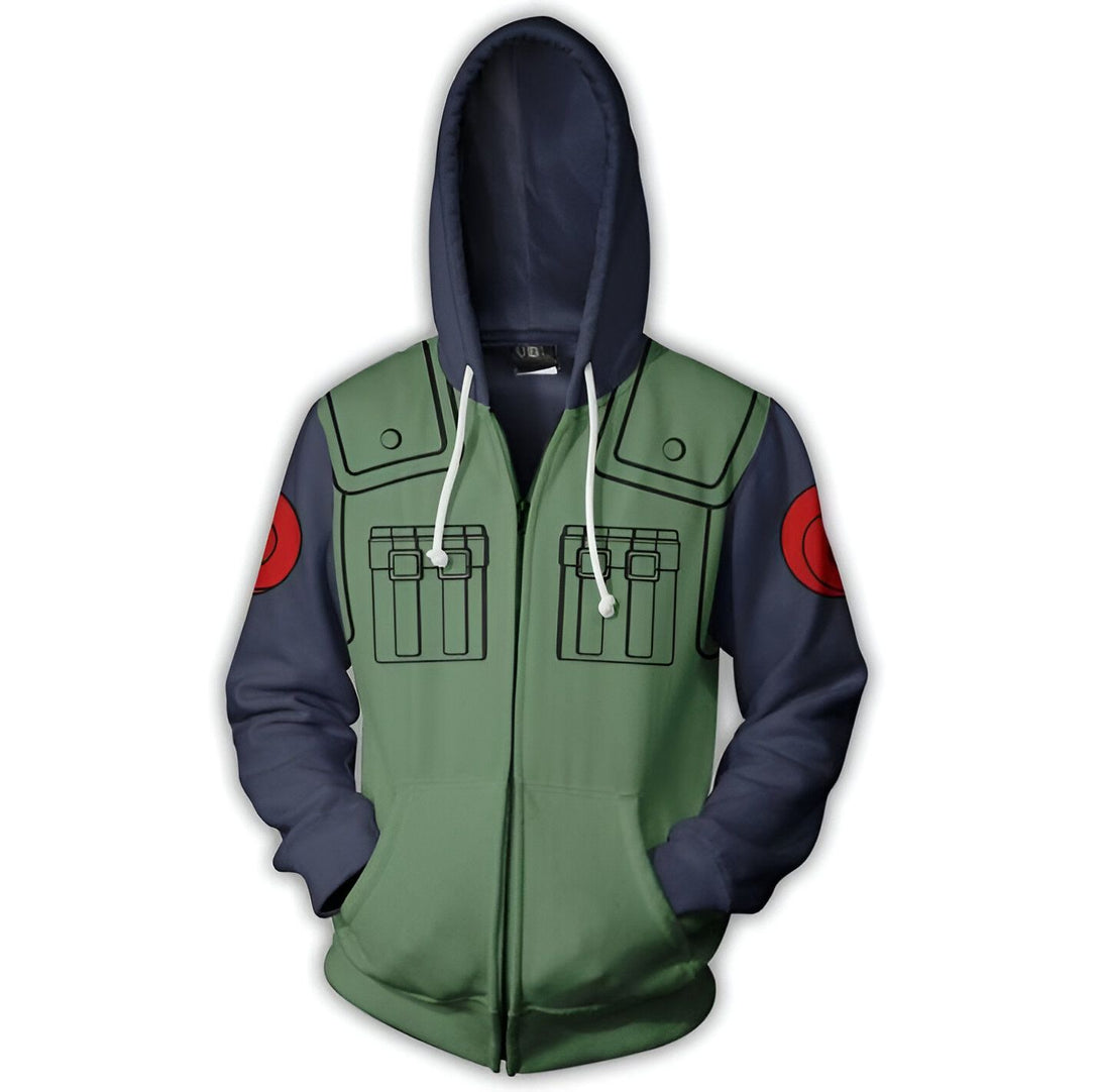 Sweat-shirt à capuche vert et bleu avec le symbole du village caché de la Feuille sur la manche.